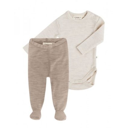 2-pak Uldpakke Til Baby, Leggins Med Fod & Body Med Knap I 100% Merinould 62 Dune Blend