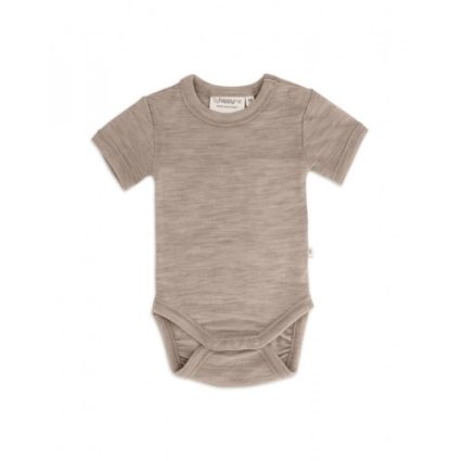 Body Med Kort Ærme Og Knaplukning Over Den Ene Skulder Til Baby, I 100% Økologisk Merino Uld Beige Melange 56