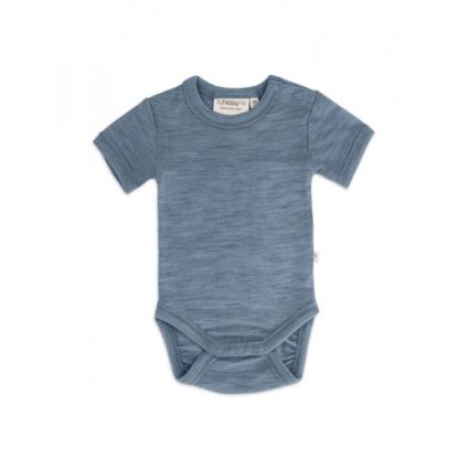 Body Med Kort Ærme Og Knaplukning Over Den Ene Skulder Til Baby, I 100% Økologisk Merino Uld Blue Melange 56