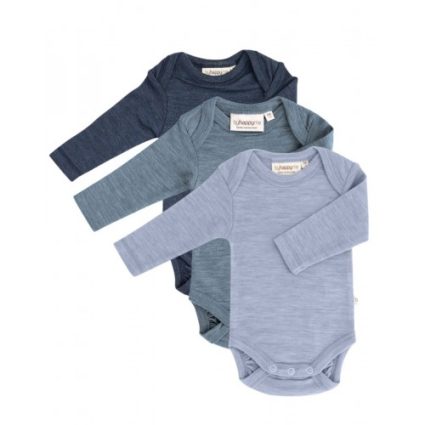 Body Med Lang Ærme Og Amerikansk Lukning Til Baby I 100% Økologisk Merino Uld , 3-pak 56 Deep Ocean