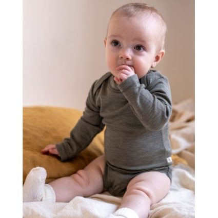 Body Med Lang Ærme Og Amerikansk Lukning Til Baby I 100% Økologisk Merino Uld Light Brown Melange 56
