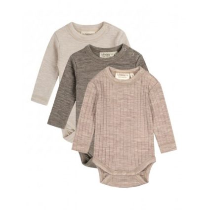 Body Med Lang Ærme Og Rund Hals I 100% Økologisk Merino Uld Til Baby, 3-pak 56 Beige Rib/nature