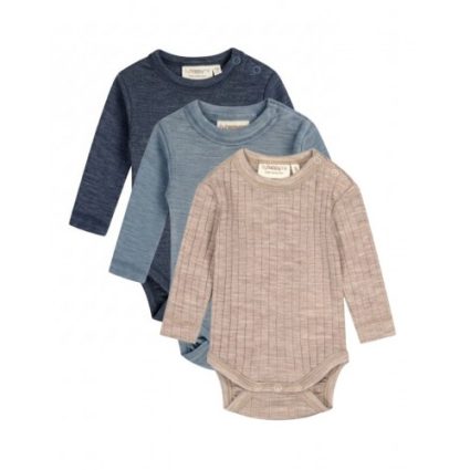 Body Med Lang Ærme Og Rund Hals I 100% Økologisk Merino Uld Til Baby, 3-pak 56 Beige Rib/navy