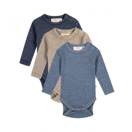 Body Med Lang Ærme Og Rund Hals I 100% Økologisk Merino Uld Til Baby, 3-pak 56 Blue Rib/navy