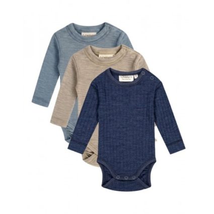 Body Med Lang Ærme Og Rund Hals I 100% Økologisk Merino Uld Til Baby, 3-pak 56 Navy Rib/blue