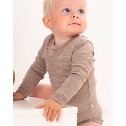 Body Med Lang Ærme Og Rund Hals I 100% Økologisk Merino Uld Til Baby Beige Melange 56