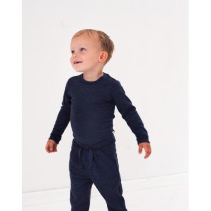 Body Med Lang Ærme Og Rund Hals I 100% Økologisk Merino Uld Til Baby Navy Melange 56