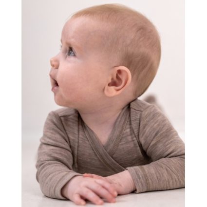 Body Med Lang Ærme Og Slå Om Lukning Til Baby I 100% Økologisk Merino Uld Beige Melange 56